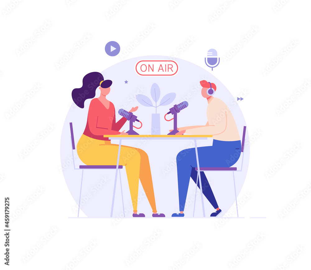 Podcasters Sitting with Microphones and Recording Podcasts in Mobile App. Audio Podcast. Concept of Online Podcasting, Online Radio Show, Radio Host. Vector illustration for Web Design Podcasters Sitting with Microphones and Recording Podcasts in Mobile App. Audio Podcast. Concept of Online Podcasting, Online Radio Show, Radio Host. Vector illustration for Web Design