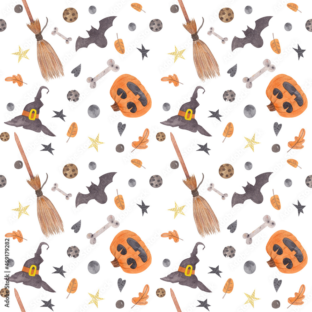 Seamless pattern on a white background for the holiday of Halloween drawn by watercolor. Suitable for use in textiles, wallpaper, wrapping paper, postcards Seamless pattern on a white background for the holiday of Halloween drawn by watercolor. Suitable for use in textiles, wallpaper, wrapping paper, postcards