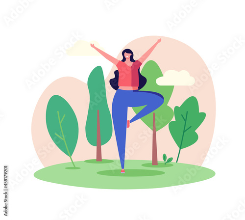 Woman doing yoga in the park. Concept of outdoor fitness, outdoor yoga, group exercise in park, fitness outdoors, sports lifestyle. Vector illustration in flat design