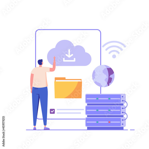Cloud technology. Man storing data on cloud server. Concept of cloud computing, online database, web hosting, web data center.  Vector illustration for web banner, infographics, mobile app