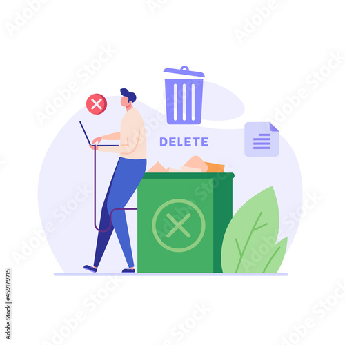 Man cleaning data files with trash can sign. User removing files or documents to waste bin. Concept of delete file, cleaning smartphone, removing process. Flat vector illustration for UI