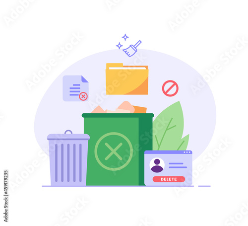 Cleaning phone, smartphone with trash can sign. Removing files or documents to waste bin. Concept of delete file, cleaning smartphone, removing process. Flat vector illustration for UI