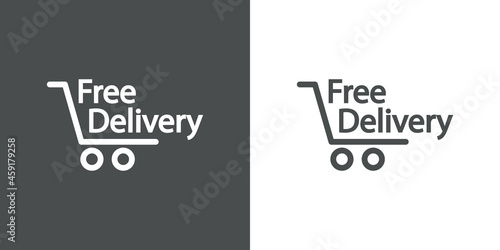 Logotipo con texto Free Delivery con silueta de carrito de la compra con lineas en fondo gris y fondo banco