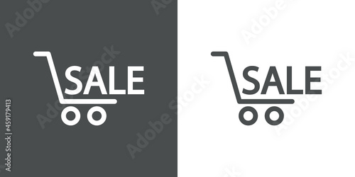 Logotipo con texto Sale con silueta de carrito de la compra con lineas en fondo gris y fondo banco