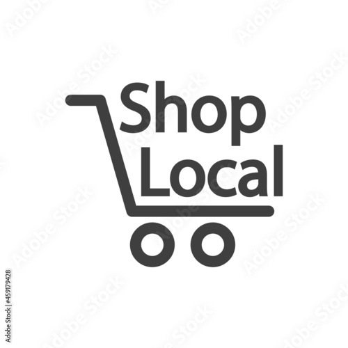 Logotipo con texto Shop Local con silueta de carrito de la compra con lineas en color gris