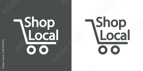 Logotipo con texto Shop Local con silueta de carrito de la compra con lineas en fondo gris y fondo banco