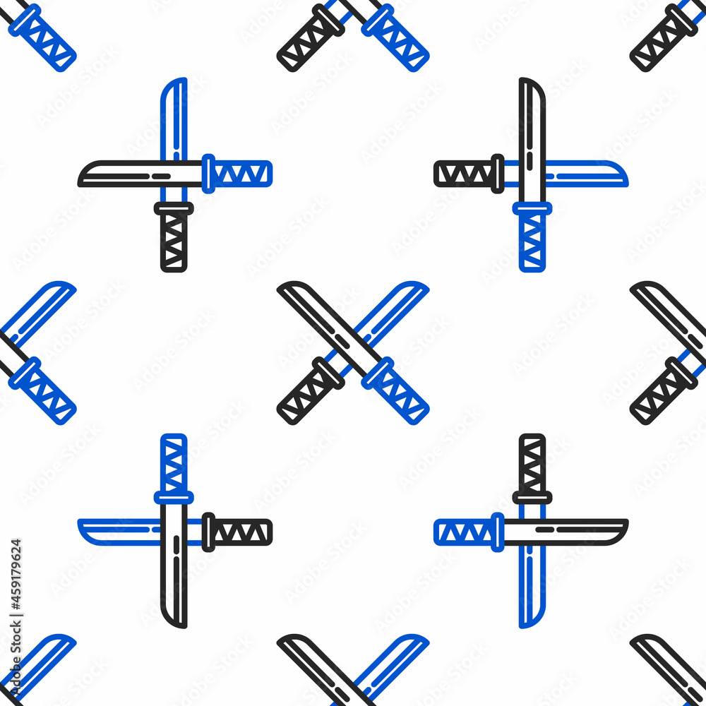 Line Traditional Japanese katana icon isolated seamless pattern on white background. Japanese sword. Colorful outline concept. Vector Line Traditional Japanese katana icon isolated seamless pattern on white background. Japanese sword. Colorful outline concept. Vector