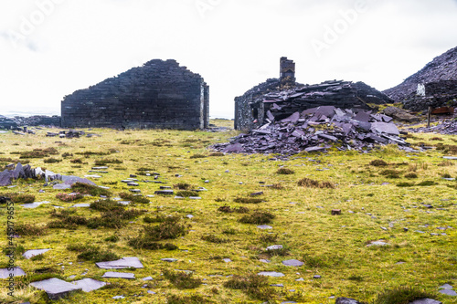 Slate quarry ruined buildings, landscape, Unesco Heritage Landscape. photo