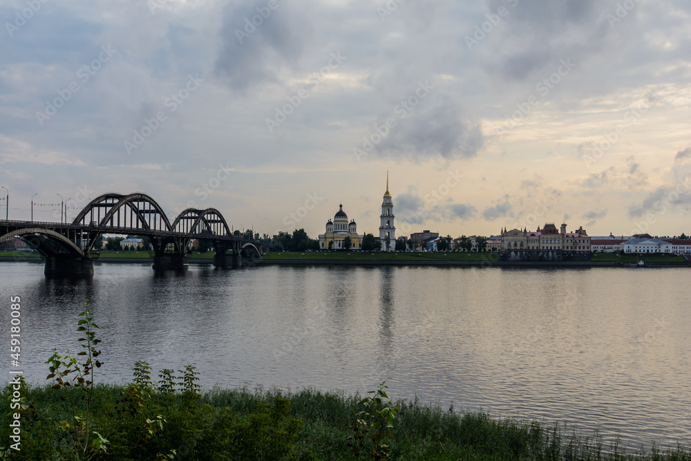 Rybinsk bridge, across the Volga river. Spaso-Preobrazhensky Cathedral, Rybinsk, Yaroslavl region