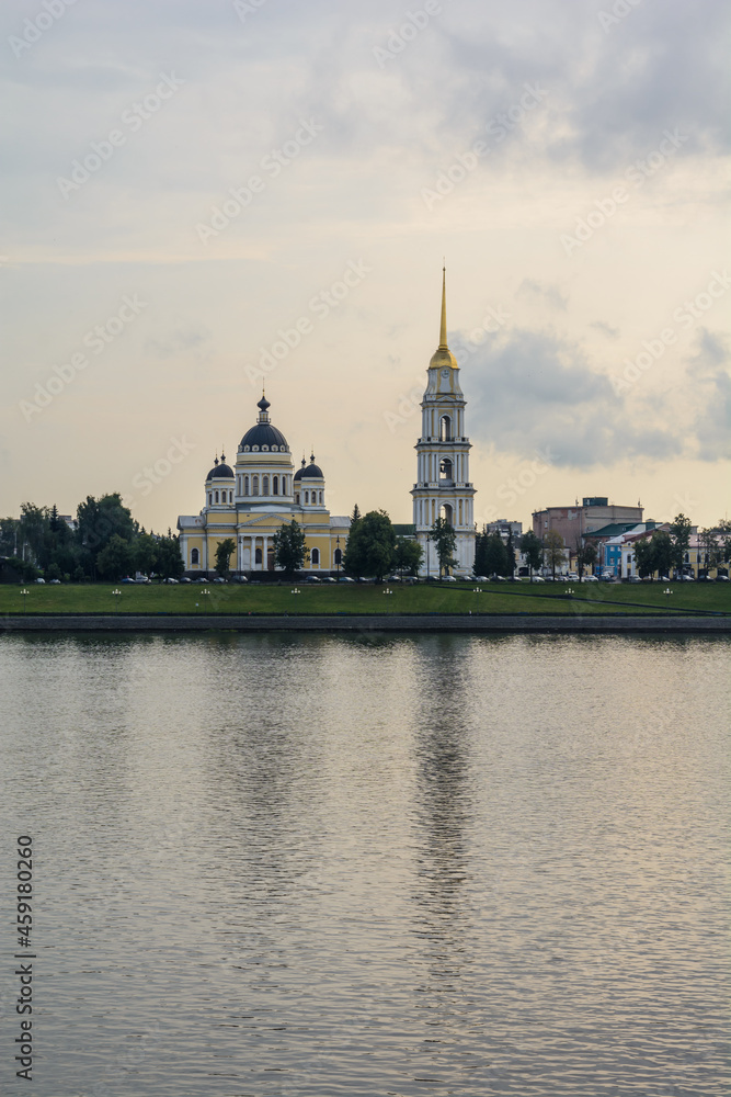 beautiful cathedral on the banks of the Volga river. Spaso-Preobrazhensky Cathedral, Rybinsk, Yaroslavl region