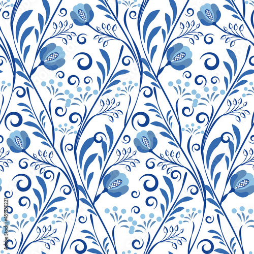 Traditional blue on white seamless pattern with flower roses, curls and leaves. Design in Chinese style. Russian motif decoration. Floral tiled repetitive ornament. Oriental print.