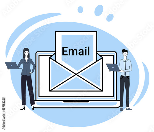Quick E-mail.The concept of e-mail, online messengers and social networks.People on the background of the email symbol.Flat vector illustration.