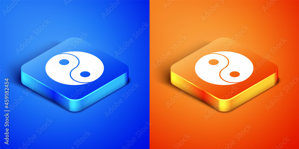 Isometric Yin Yang symbol of harmony and balance icon isolated on blue and orange background. Square button. Vector Isometric Yin Yang symbol of harmony and balance icon isolated on blue and orange background. Square button. Vector