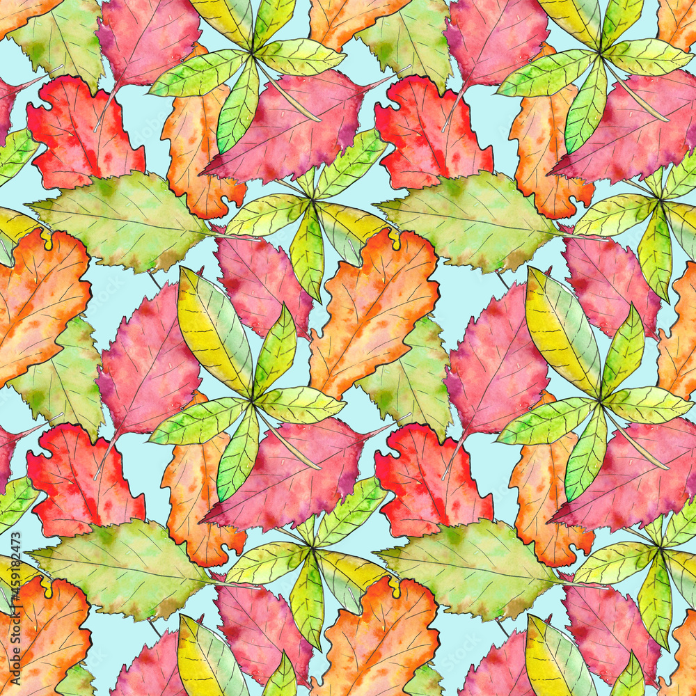 autumn leaves. cute pattern of beautiful prints of leaves painted watercolor by hand.