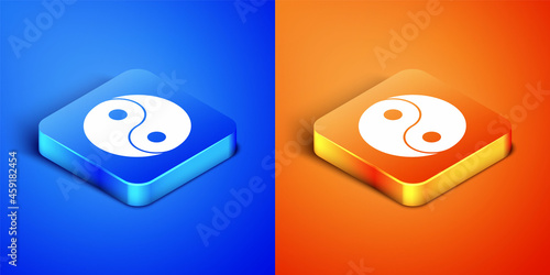 Isometric Yin Yang symbol of harmony and balance icon isolated on blue and orange background. Square button. Vector