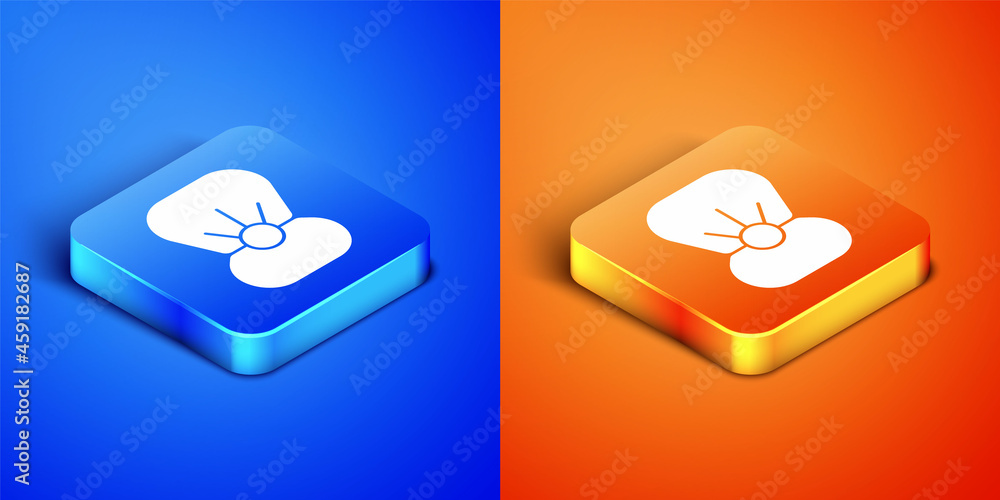 Isometric Natural open shell with pearl icon isolated on blue and orange background. Scallop sea shell. Seashell sign. Square button. Vector Isometric Natural open shell with pearl icon isolated on blue and orange background. Scallop sea shell. Seashell sign. Square button. Vector