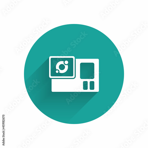 White Action extreme camera icon isolated with long shadow. Video camera equipment for filming extreme sports. Green circle button. Vector