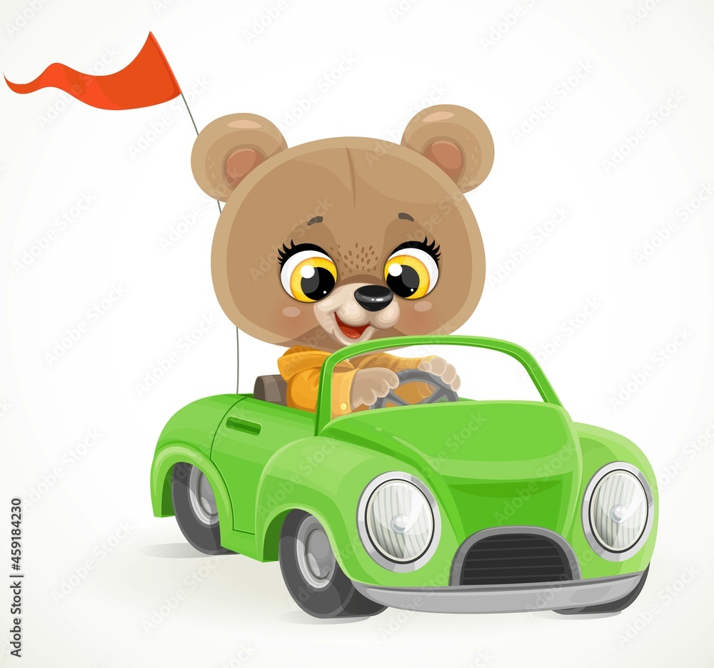 Fototapeta premium Cute cartoon baby bear rides a green little toy car for children isolated on white background