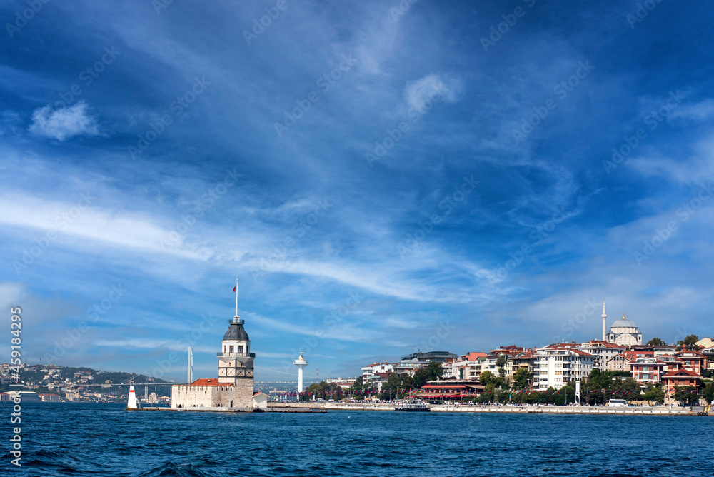 The Maiden Tower in Istanbul, Turkey on a clear day, with Bosphorus Bridge in background. The Maiden Tower in Istanbul, Turkey on a clear day, with Bosphorus Bridge in background.