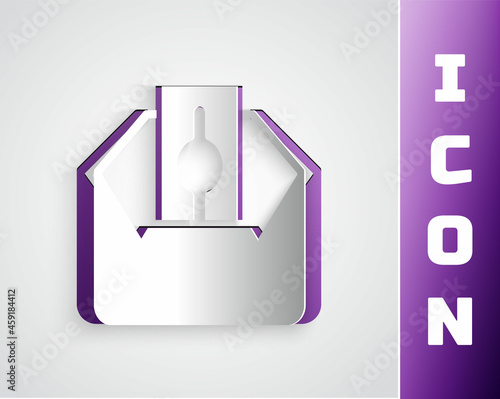 Paper cut Donate or pay your zakat as muslim obligatory icon isolated on grey background. Muslim charity or alms in ramadan kareem before eid al-fir. Paper art style. Vector
