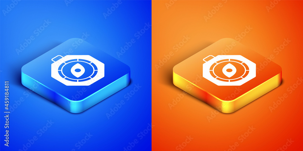 Isometric Compass icon isolated on blue and orange background. Windrose navigation symbol. Wind rose sign. Square button. Vector Isometric Compass icon isolated on blue and orange background. Windrose navigation symbol. Wind rose sign. Square button. Vector