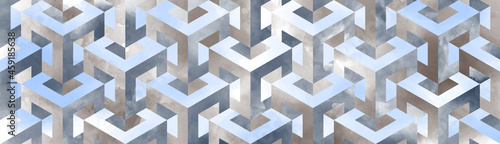 Vector watercolor 3D pattern with optical illusions. Cubes. Op Art. Hand drawn abstract vector illustration for background, cover, interior decor. Psychedelic geometric design. Wallpapers. 3D Tiles.