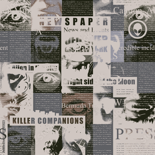 Abstract seamless pattern with a collage of newspaper or magazine clippings. Vector background with unreadable text, illustrations and titles with disturbing content. Wallpaper, wrapping paper, fabric