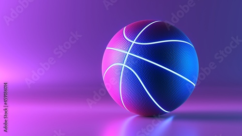 Basketball ball with glowing lines on colorful blue and pink neon light background. Futuristic sport concept. 3d rendering © 3d_kot