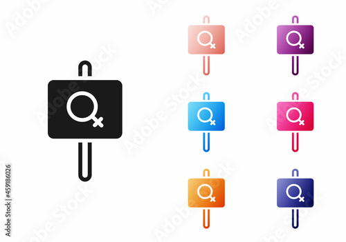 Black Female movement, feminist activist with banner and placards icon isolated on white background. Feminist rights movement, feminism sisterhood. Set icons colorful. Vector