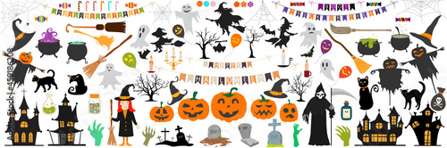 Big set of Halloween elements  with text  pumpkins  ghosts  monsters  zombie  death  candy  balloons. Isolated objects. Vector illustration. Happy Halloween