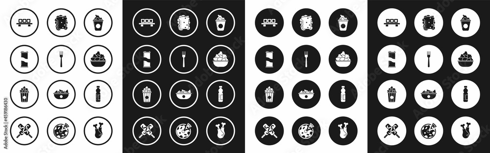 Set Popcorn in cardboard box, Fork, Soda can, Sushi on cutting, bowl, Sandwich, Bottle of water and icon. Vector