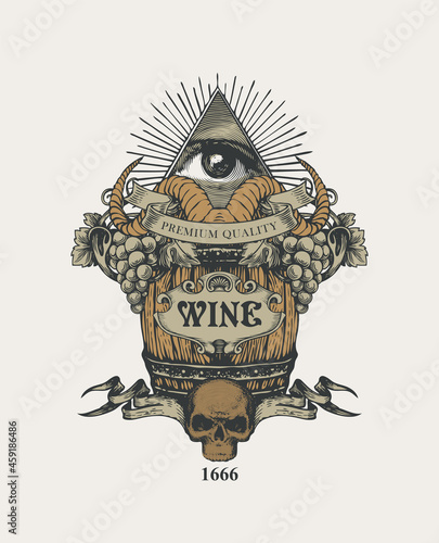 Hand-drawn vector banner with the inscription Wine, an all-seeing eye, grapes, rams horns, wooden barrel and sinister human skull. Ornate wine label in form of vintage coat of arms on a light backdrop