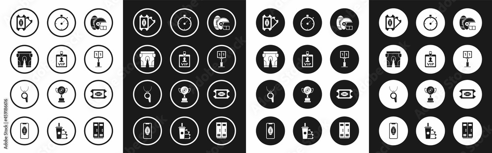 Set American Football ball and helmet, VIP badge, football shorts, ticket, Sport mechanical scoreboard result display, Stopwatch, and Whistle icon. Vector Set American Football ball and helmet, VIP badge, football shorts, ticket, Sport mechanical scoreboard result display, Stopwatch, and Whistle icon. Vector