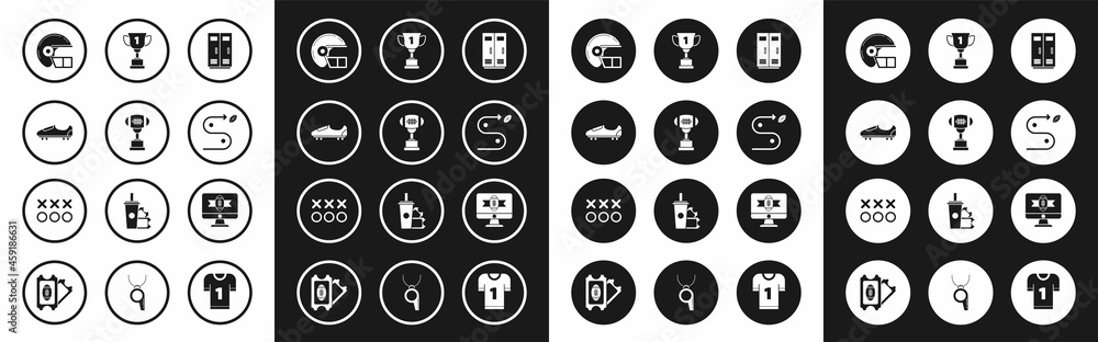 Set Locker or changing room for football, basketball team or workers, Award cup and American, Soccer shoes with spikes, helmet, Planning strategy concept, tv program and icon. Vector Set Locker or changing room for football, basketball team or workers, Award cup and American, Soccer shoes with spikes, helmet, Planning strategy concept, tv program and icon. Vector