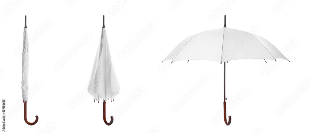 Obraz premium Set with stylish umbrellas on white background. Banner design