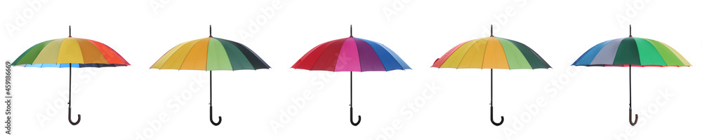 Set with different colorful umbrellas on white background. Banner design Set with different colorful umbrellas on white background. Banner design