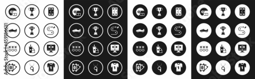 Set Locker or changing room for football, basketball team or workers, Award cup and American, Soccer shoes with spikes, helmet, Planning strategy concept, tv program and icon. Vector