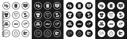 Set American football on tv program, jersey, Binoculars and american, Award cup, Locker or changing room for football, basketball team or workers, Whistle and stand icon. Vector