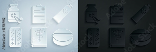 Set Medical book, Ointment cream tube medicine, Pills blister pack, Medicine pill or tablet, clipboard with clinical record and bottle and pills icon. Vector