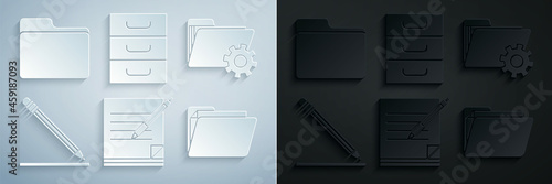 Set Blank notebook and pen, Folder settings with gears, Pencil eraser line, Document folder, Drawer documents and icon. Vector