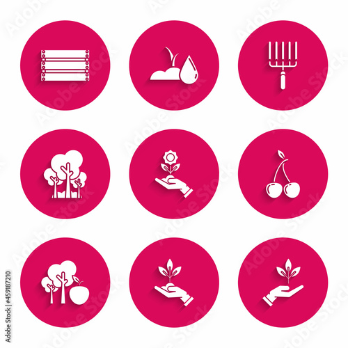 Set Hand holding flower, Plant hand of environmental protection, Cherry, Tree with apple, Trees, Garden rake work and Wooden box icon. Vector