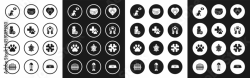 Set Heart with animals footprint, Veterinary clinic symbol, Dog medicine bottle, Hands, Aquarium fish, Crossed bones and Paw icon. Vector