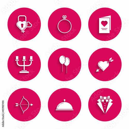 Set Balloons with ribbon, Covered tray of food, Suit, Amour symbol heart and arrow, Bow, Candlestick, Valentines day party flyer and Castle the shape key icon. Vector