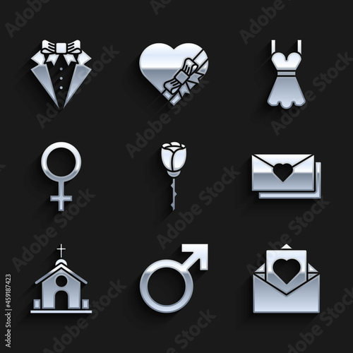 Set Flower rose, Male gender symbol, Envelope with Valentine heart, Church building, Female, Woman dress and Suit icon. Vector