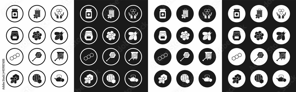 Set Honeycomb and hands, Bee honeycomb, Jar of, dipper stick with dripping and icon. Vector