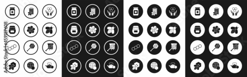 Set Honeycomb and hands, Bee honeycomb, Jar of, dipper stick with dripping and icon. Vector