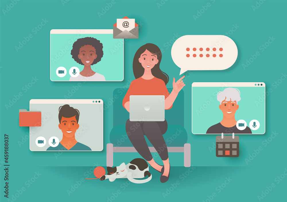 Woman using laptop computer video calling colleagues. Virtual meeting and learning via teleconference. Online communication and telecommuting concept vector illustration Woman using laptop computer video calling colleagues. Virtual meeting and learning via teleconference. Online communication and telecommuting concept vector illustration