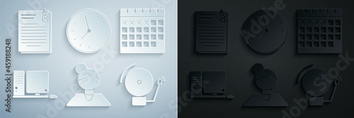Set Teacher, Calendar, Computer monitor with keyboard and mouse, Ringing alarm bell, Clock and File document paper clip icon. Vector