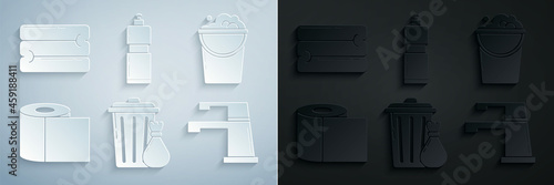 Set Trash can and garbage bag, Bucket with foam bubbles, Toilet paper roll, Water tap, Plastic bottles for liquid dishwashing liquid and Towel stack icon. Vector