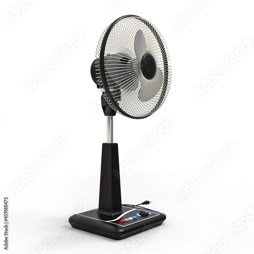 Black electric fan. Three-dimensional model on a white background. Fan with control buttons on the stand. A simple device for air ventilation. 3d illustration.